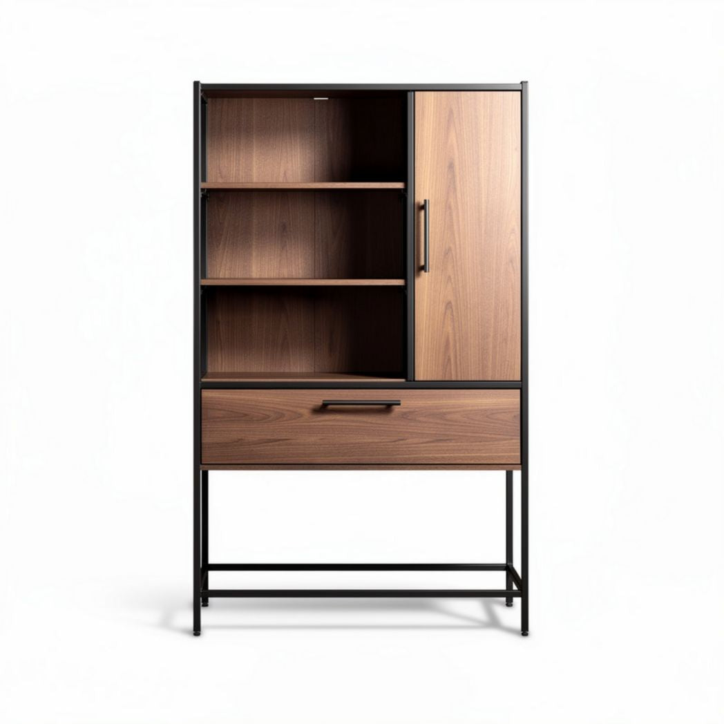 Wooden storage cabinet with metal frame and sliding door 100 x 40 x 150cm