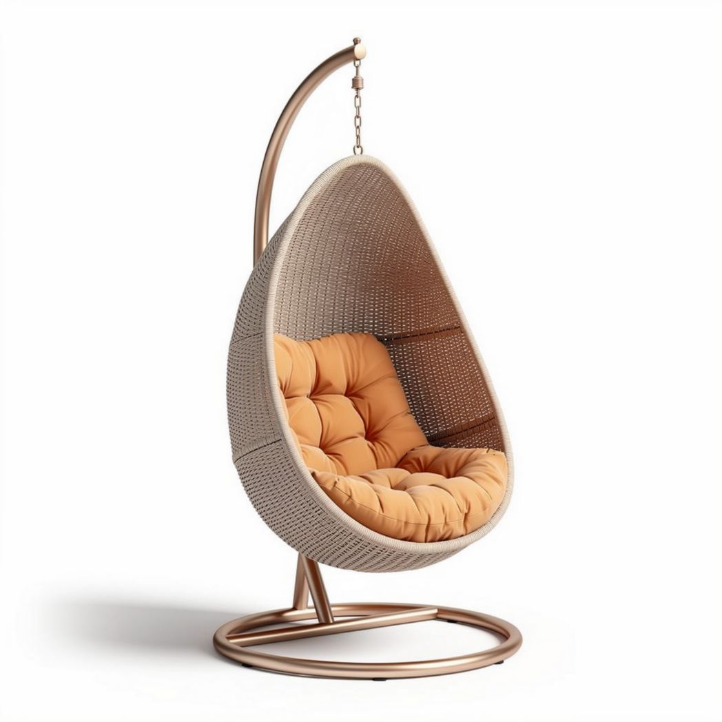 Hanging egg chair in brown wicker with yellow cushion for indoor or outdoor use