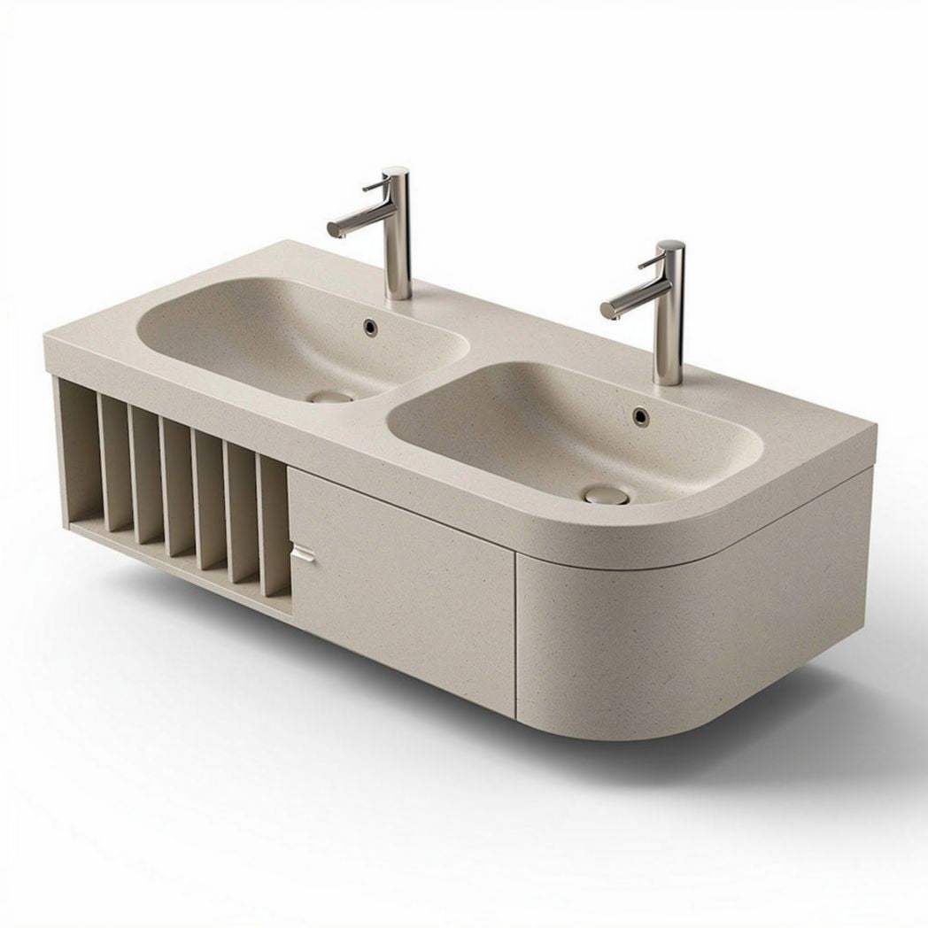 Double sink vanity with integrated storage made of durable ceramic 100 x 50 x 40cm beige finish