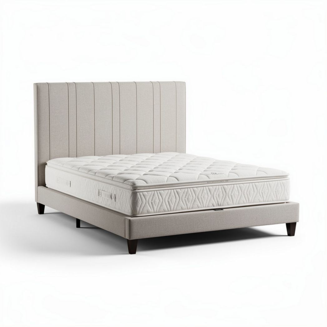 Upholstered bed frame with memory foam mattress in light gray 200 x 160 x 30cm