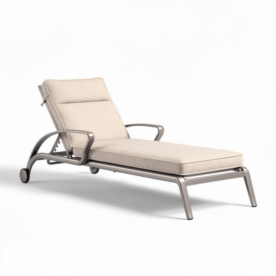 Aluminum reclining lounge chair with beige fabric cushion for outdoor use