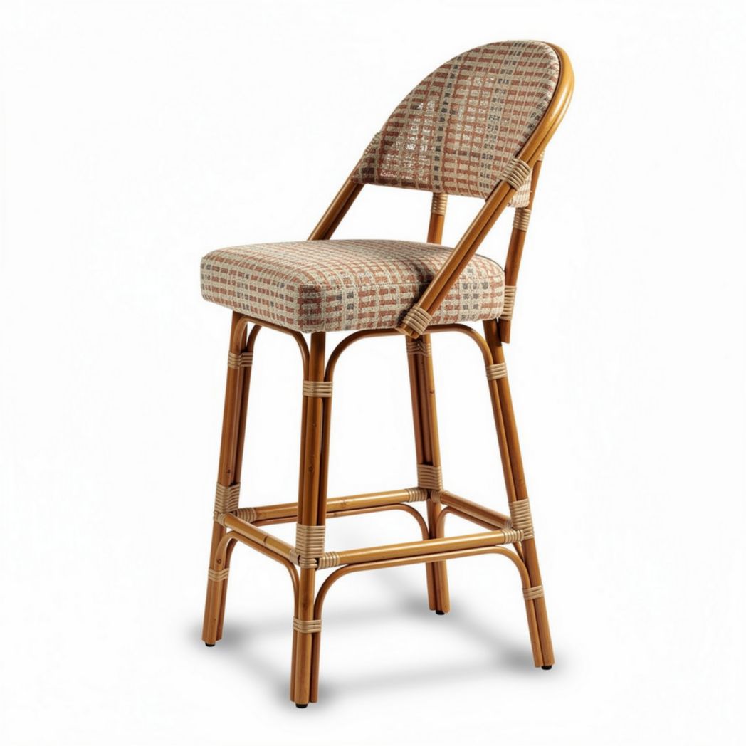 Rattan bar stool with a cushioned seat and arched back in checkered pattern