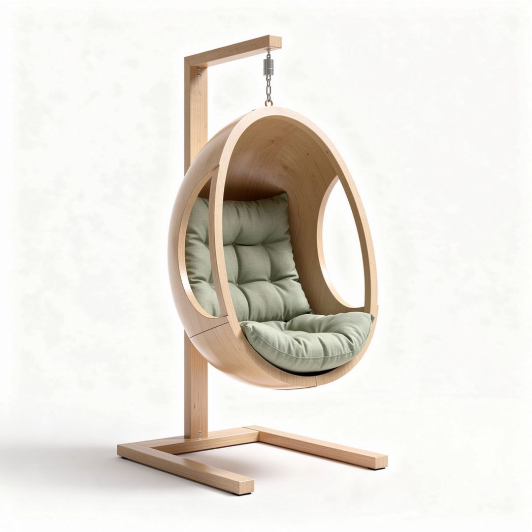 Hanging egg chair with wooden frame and cushion in light green 100 x 80 x 130cm