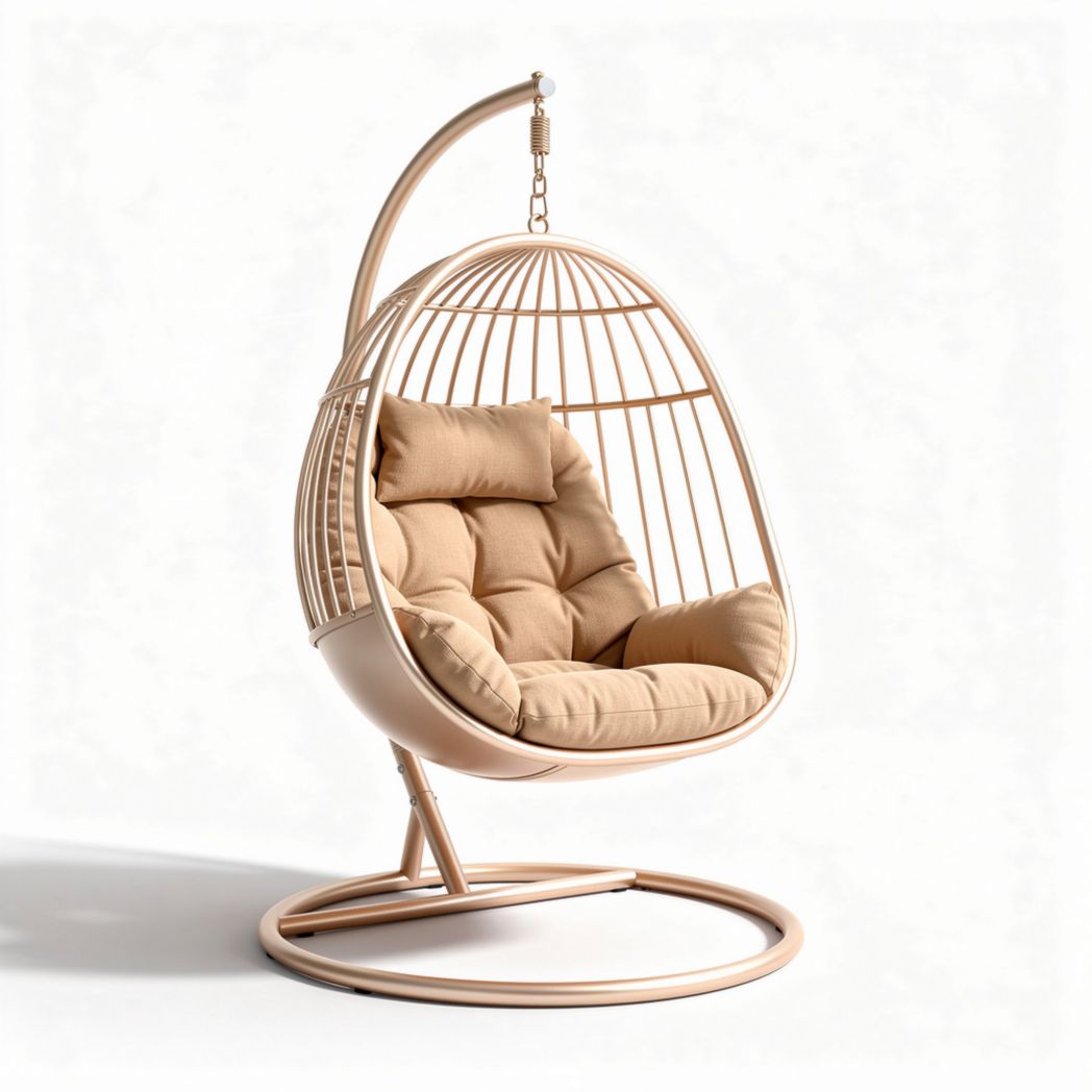 Hanging egg chair with cushion in beige color for indoor and outdoor use