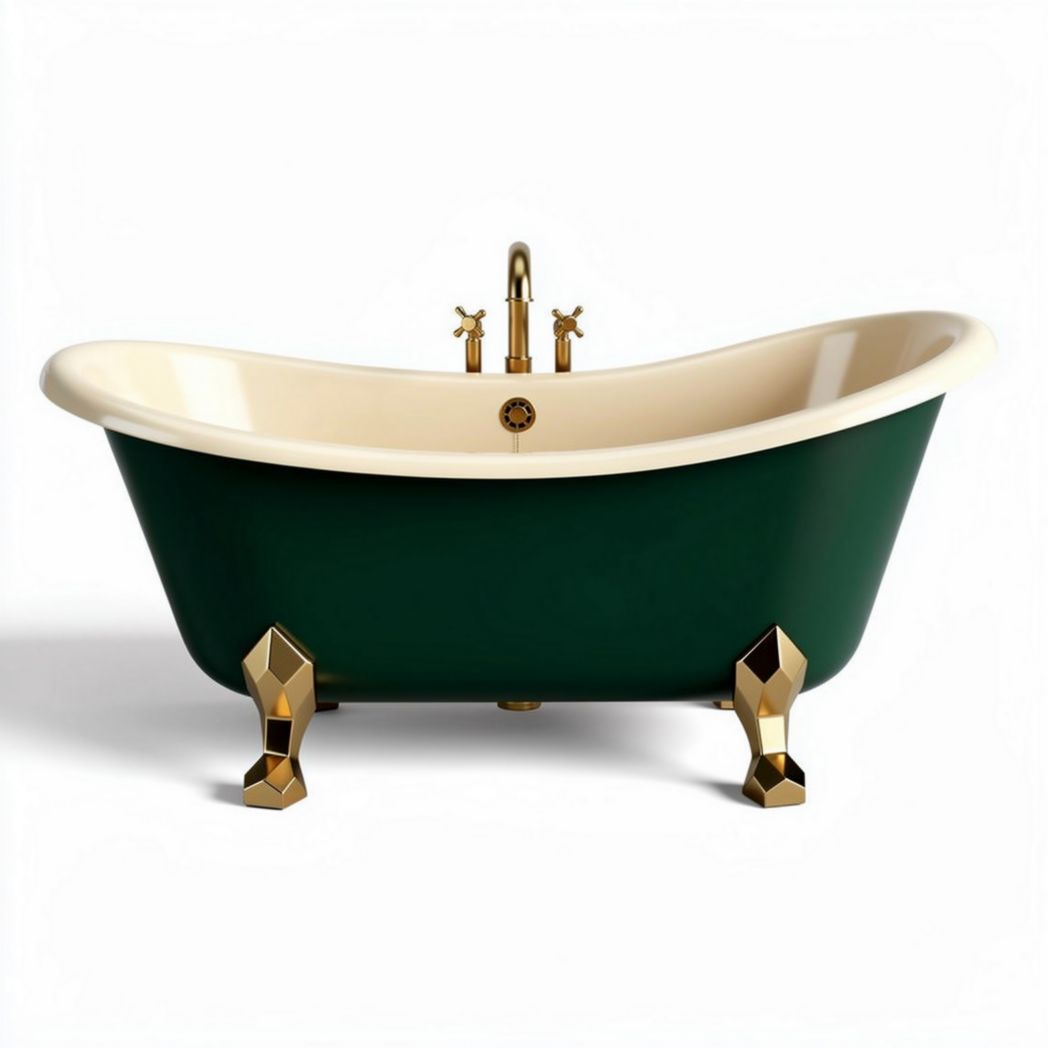 Freestanding green and cream bathtub with gold-finished hardware and legs