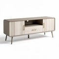 Wooden media console with storage drawers and open shelf 60 x 15.5 x 24 inches beige