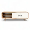 Wooden media console with white doors and open shelving 120 x 40 x 50cm