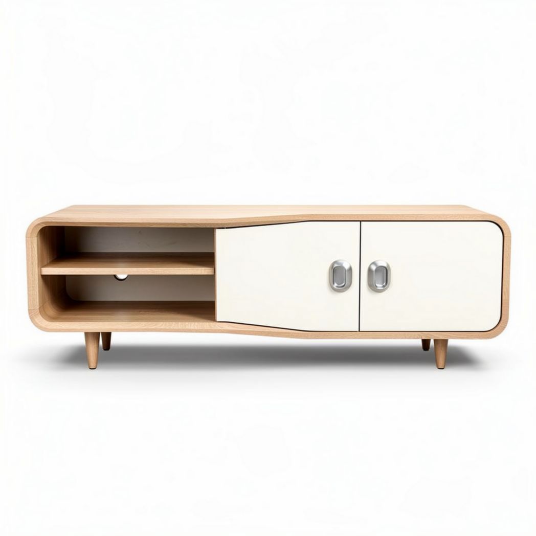 Wooden media console with white doors and open shelving 120 x 40 x 50cm