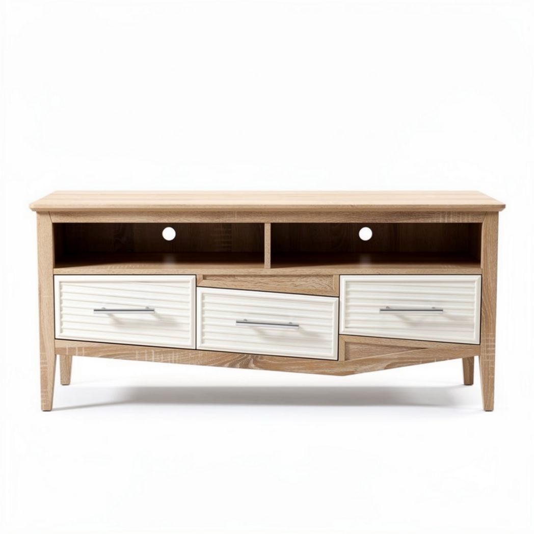 Wooden TV stand with storage drawers in natural and white finish 120 x 40 x 50cm