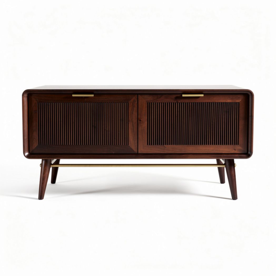 Wooden sideboard with rattan doors and tapered legs for living room storage