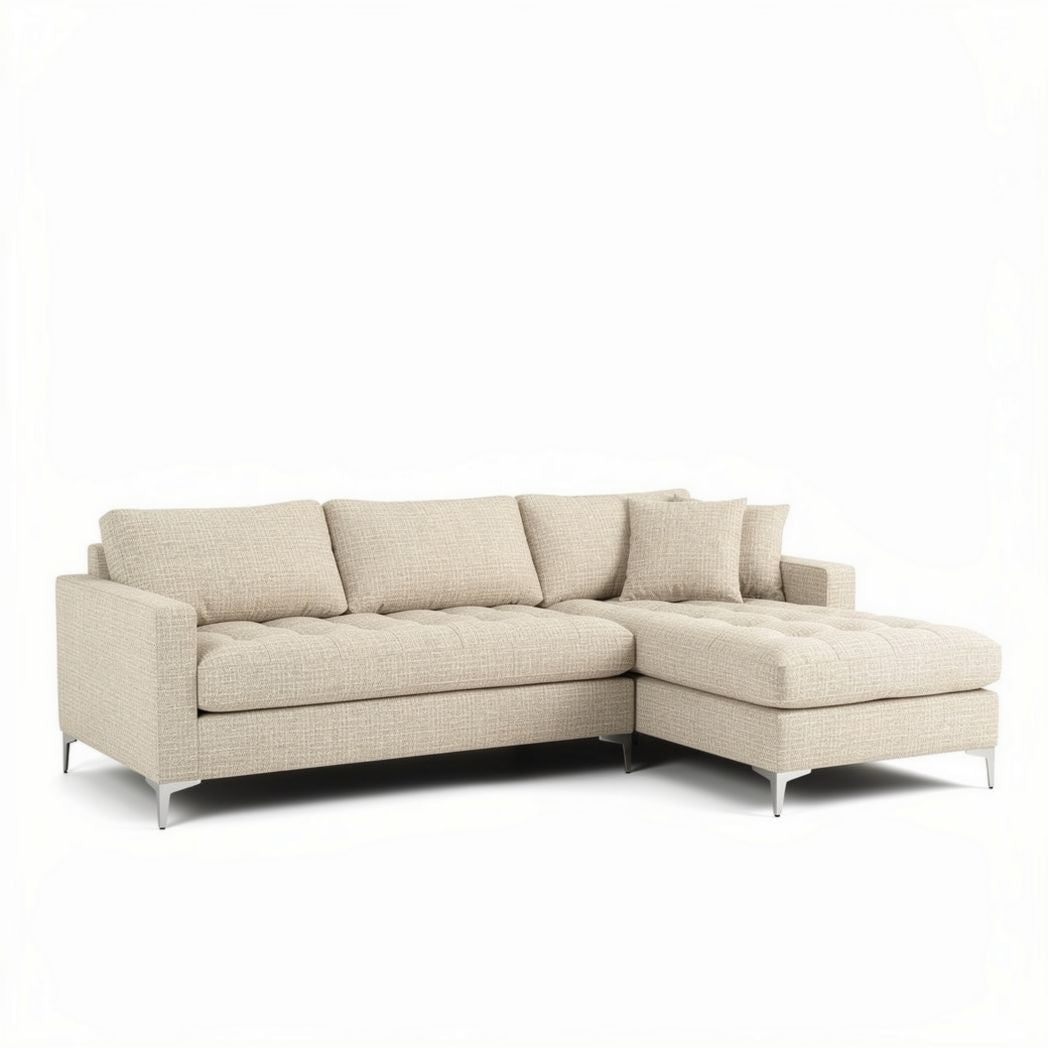 L-shaped sectional sofa in beige fabric with plush cushions 200 x 90 x 80cm